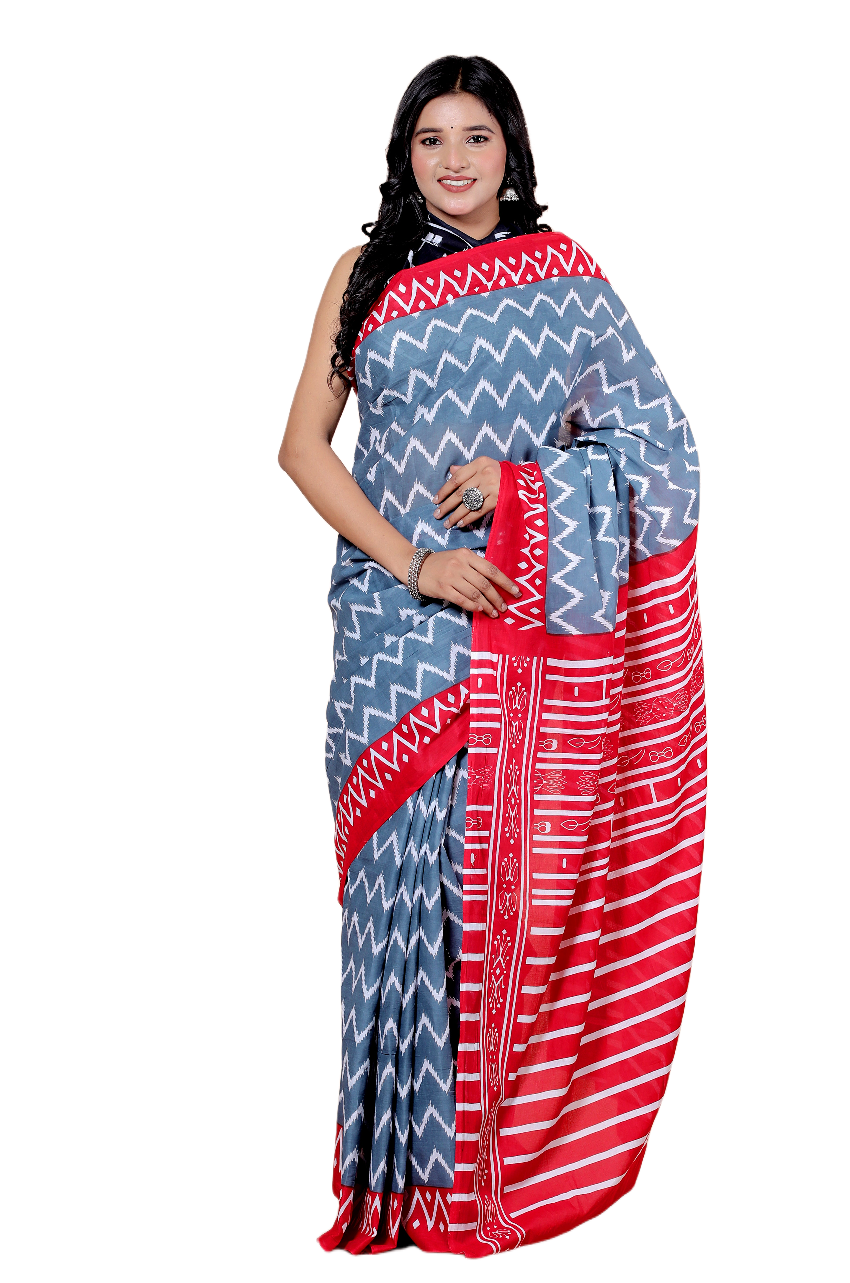 Blue and Red Printed Saree with Ethnic Motifs With Blouse Piece view 4